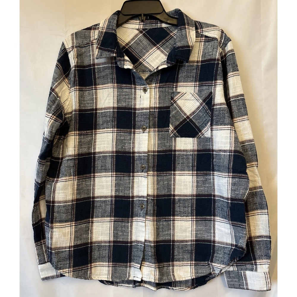 Thread & Supply Shirt, Women's Size Large Blue White, Maroon Flannel Cotton/ Pol